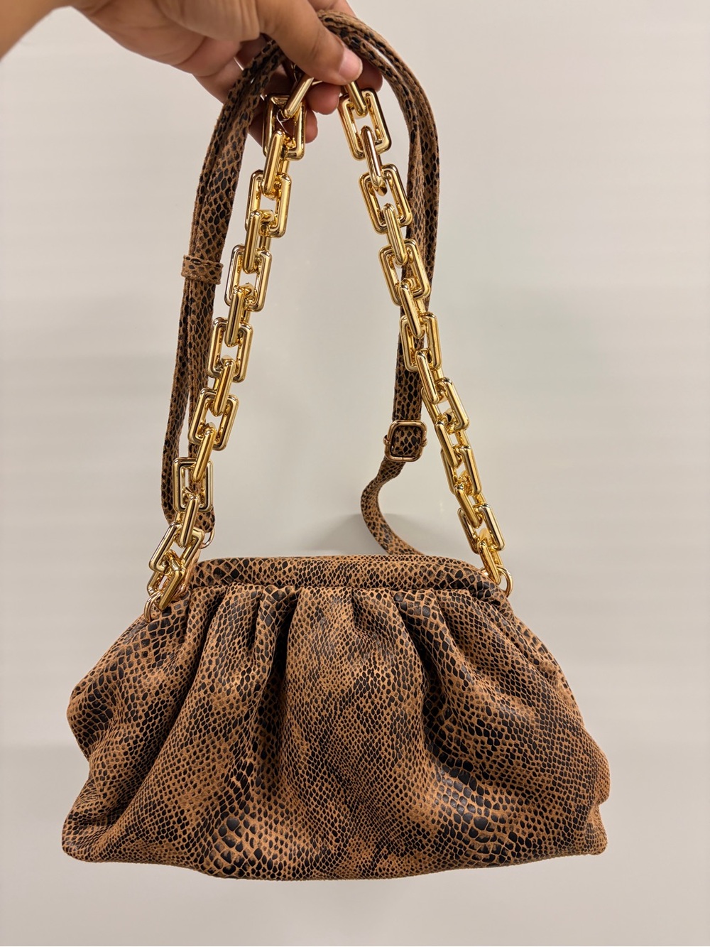 Madison West Brown Snake-Print Shoulder Bag with Gold Chain